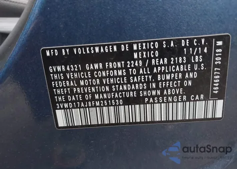 2015 Volkswagen Jetta 1.8T Se from USA, damaged, VIN 3VWD17AJ8FM251530